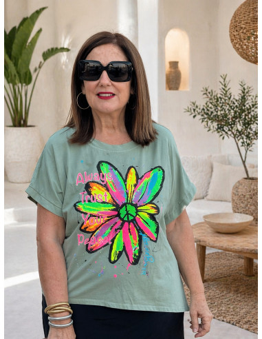 Camiseta kaki margarita flúor peace