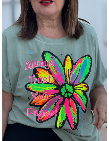 Camiseta kaki margarita flúor peace