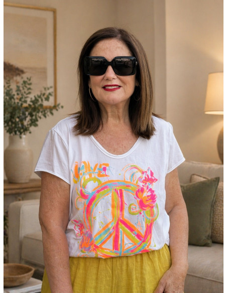 Camiseta blanca símbolo paz flúor