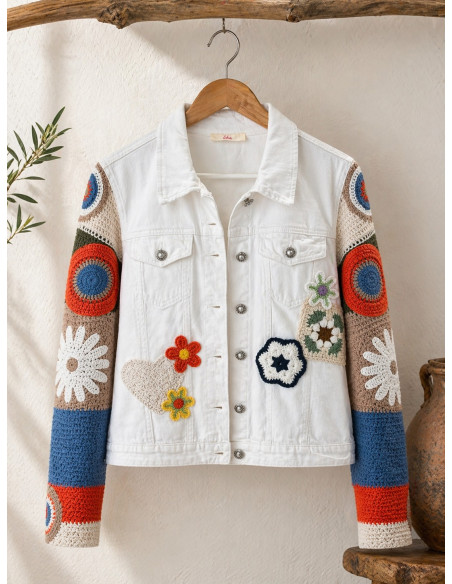 Cazadora vaquera blanca con mangas de punto y apliques florales