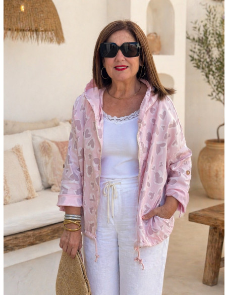 Chaqueta Fina rosa con Corazones y Capucha