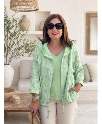 Chaqueta Fina Verde con Corazones y Capucha