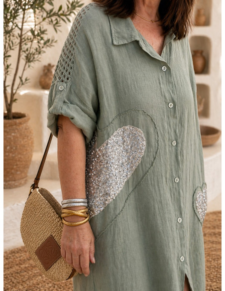 Vestido Camisero de Lino con Corazones de Lentejuelas verde