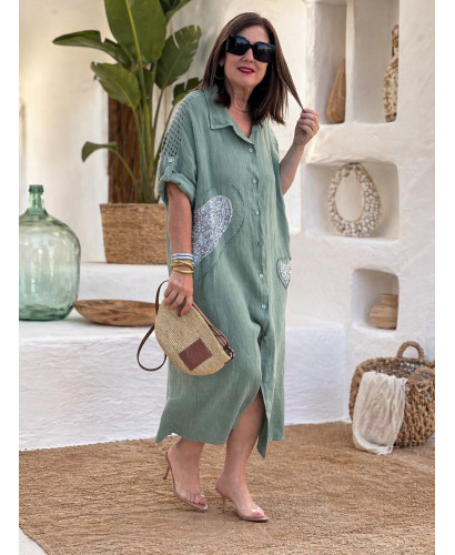 Vestido Camisero de Lino con Corazones de Lentejuelas verde