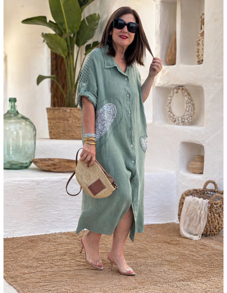 Vestido Camisero de Lino con Corazones de Lentejuelas verde