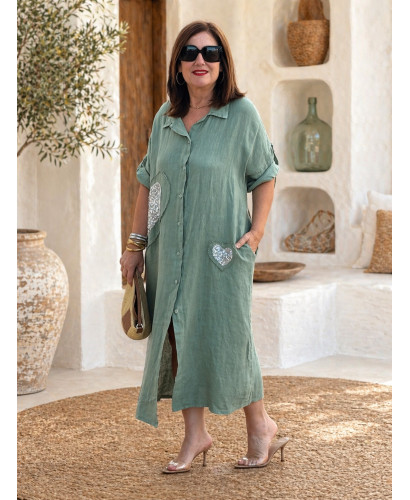 Vestido Camisero de Lino con Corazones de Lentejuelas verde 2