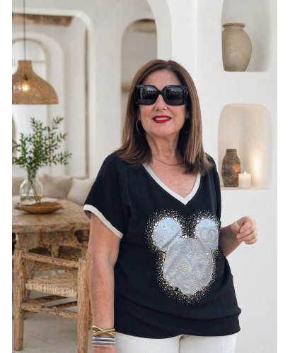 Camiseta bambula Mickey strass negra