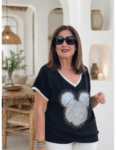 Camiseta bambula Mickey strass negra
