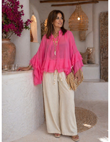 Blusa Rosa de Gasa con Manga Volante