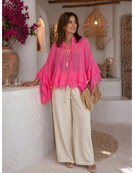 Blusa Rosa de Gasa con Manga Volante