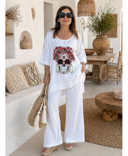 👚💀 Camiseta de Lino blanca con Calavera y Abalorios