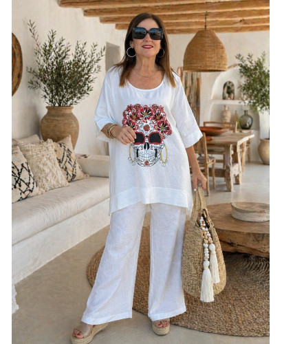 👚💀 Camiseta de Lino blanca con Calavera y Abalorios 2