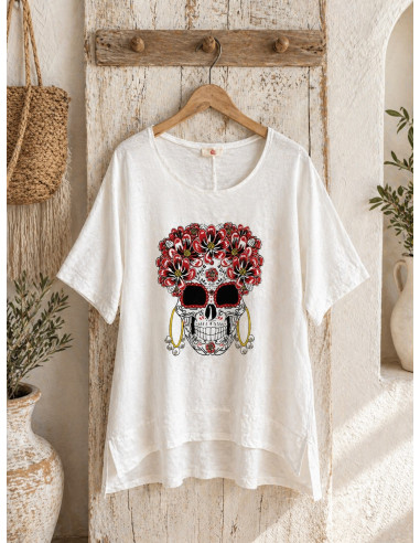 👚💀 Camiseta de Lino blanca con Calavera y...