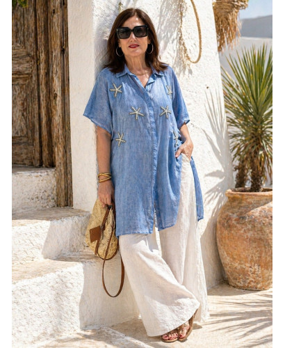 Camisa azul con Estrellas de Mar Bordadas