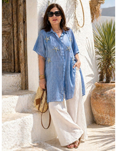 Camisa azul con Estrellas de Mar Bordadas