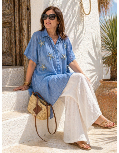 Camisa azul con Estrellas de Mar Bordadas