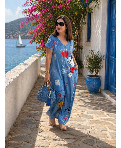 Vestido Largo Efecto Vaquero con Estampado de Personajes