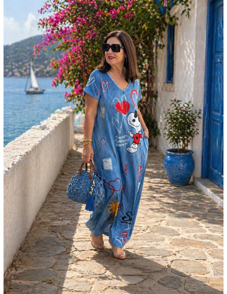 Vestido Largo Efecto Vaquero con Estampado de Personajes