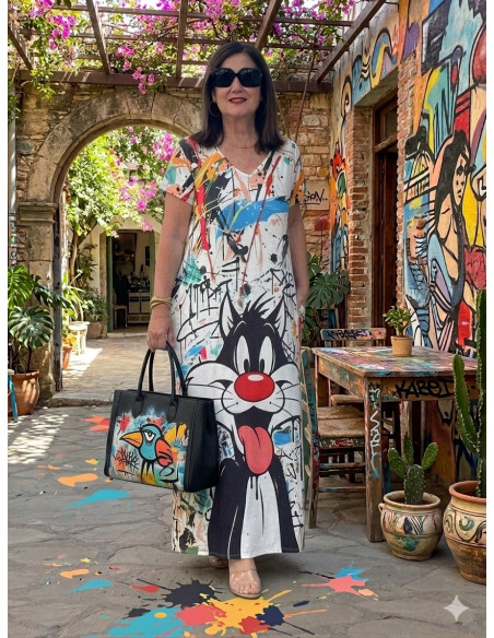 Vestido Largo con Estampado Artístico de Personaje y Graffiti