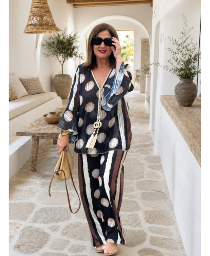Conjunto blusón y pantalón en seda fría Lunar negro