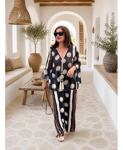 Conjunto blusón y pantalón en seda fría Lunar negro 2