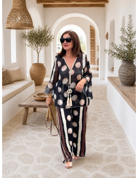 Conjunto blusón y pantalón en seda fría Lunar negro
