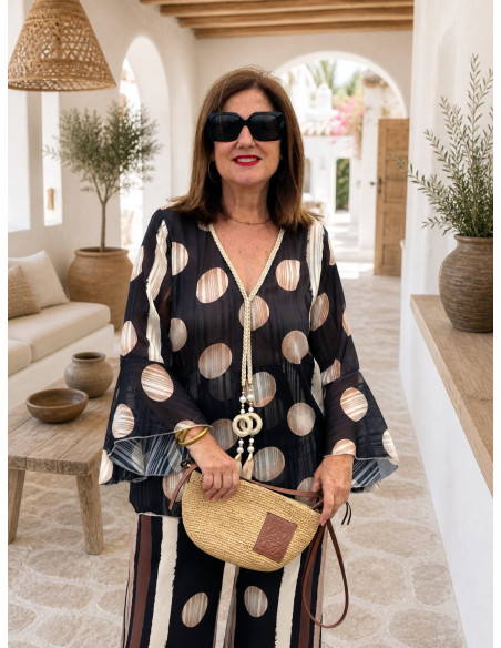 Conjunto blusón y pantalón en seda fría Lunar negro