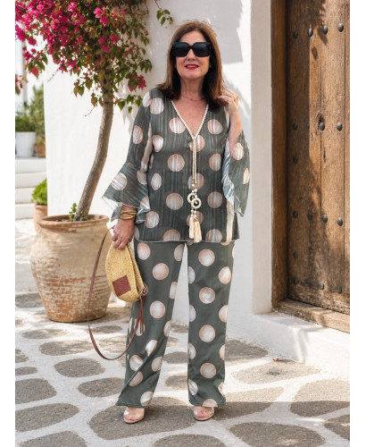 Conjunto blusón y pantalón en seda fría Lunar verde 2
