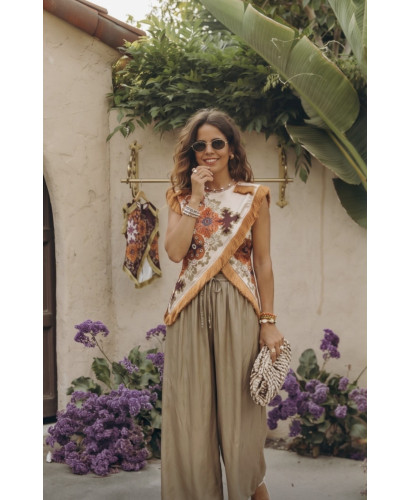 Blusa Cruzada con Flecos y Estampado Boho crudo