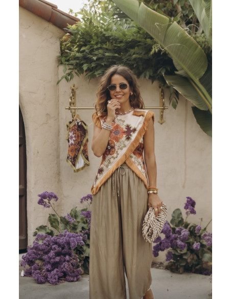 Blusa Cruzada con Flecos y Estampado Boho crudo