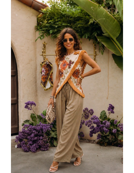 Blusa Cruzada con Flecos y Estampado Boho crudo