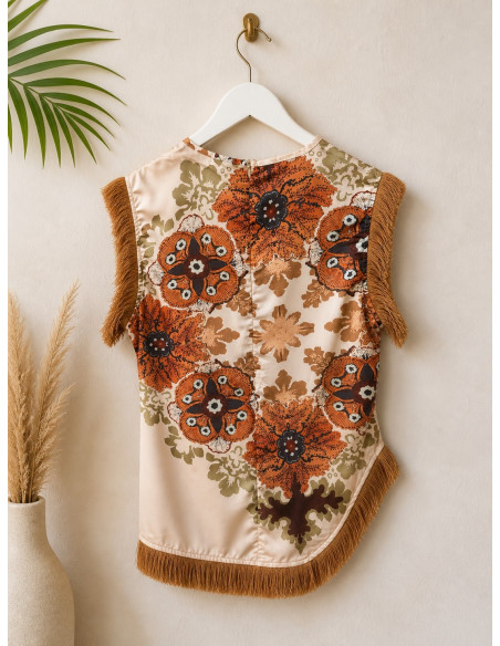Blusa Cruzada con Flecos y Estampado Boho crudo