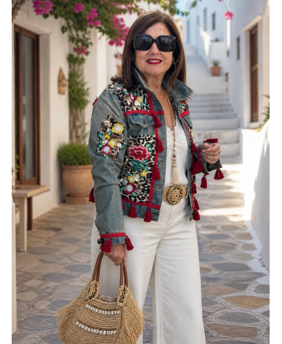 Cazadora Vaquera Bordada con Animal Print y Borlas