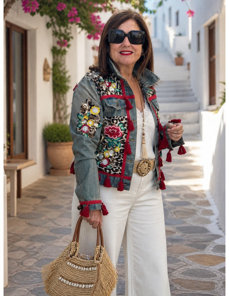 Cazadora Vaquera Bordada con Animal Print y Borlas