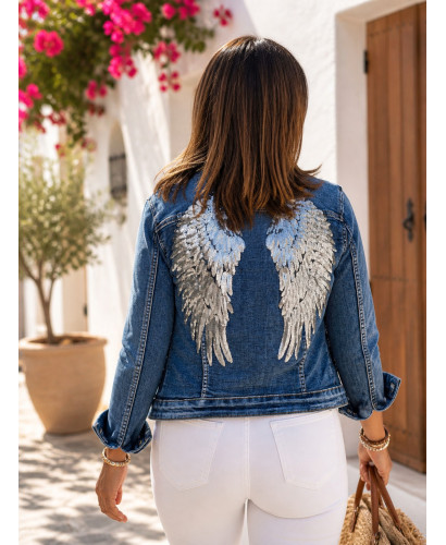 Cazadora Vaquera con Alas de Lentejuelas Plateadas