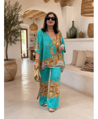 Conjunto Fluido en Verde Agua con Estampado Barroco