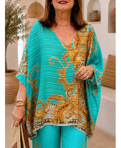 Conjunto Fluido en Verde Agua con Estampado Barroco 2