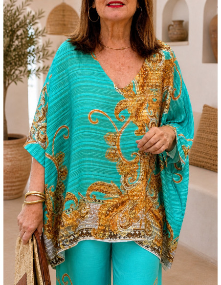 Conjunto Fluido en Verde Agua con Estampado Barroco