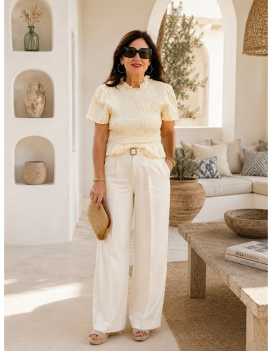 Blusa Amarilla Rayas con Nido de Abeja manga corta