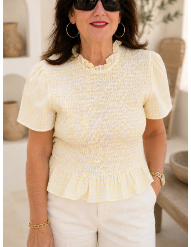 Blusa Amarilla Rayas con Nido de Abeja manga corta