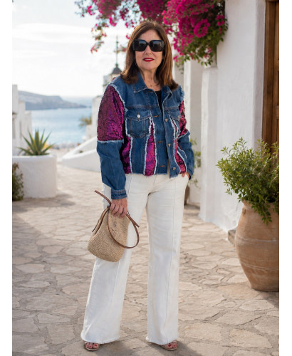 Chaqueta Vaquera con Lentejuelas Rosas y Acabado Desflecado 2