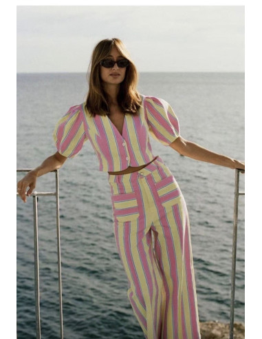 Conjunto de Rayas Amarillo y Rosa con Pantalón...
