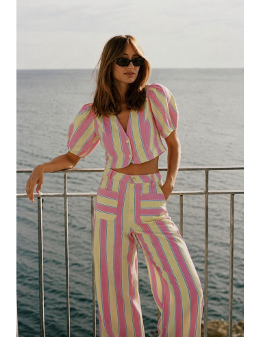 Conjunto de Rayas Amarillo y Rosa con Pantalón...