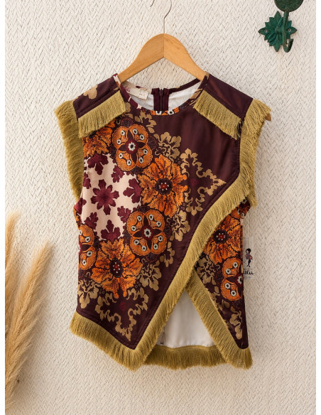 Blusa Cruzada con Flecos y Estampado Boho granate