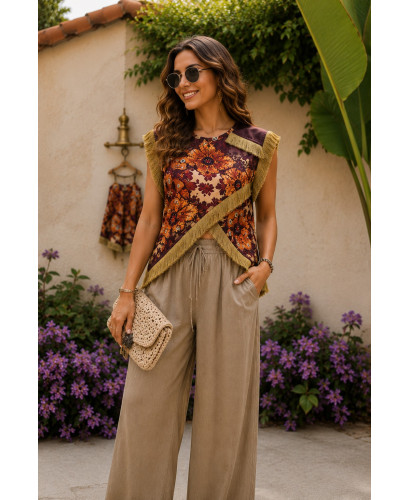 Blusa Cruzada con Flecos y Estampado Boho granate