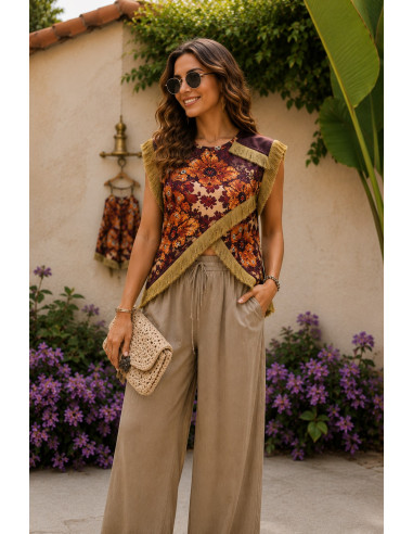 Blusa Cruzada con Flecos y Estampado Boho granate