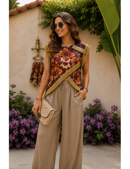 Blusa Cruzada con Flecos y Estampado Boho granate