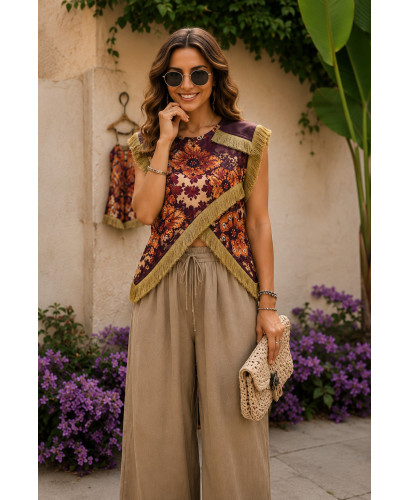 Blusa Cruzada con Flecos y Estampado Boho granate 2