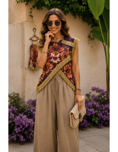 Blusa Cruzada con Flecos y Estampado Boho granate