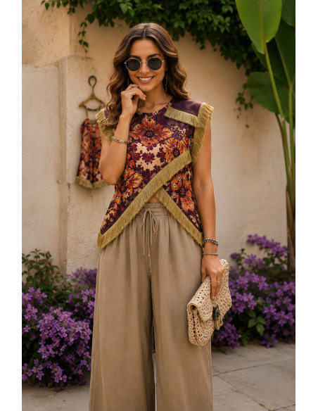 Blusa Cruzada con Flecos y Estampado Boho granate